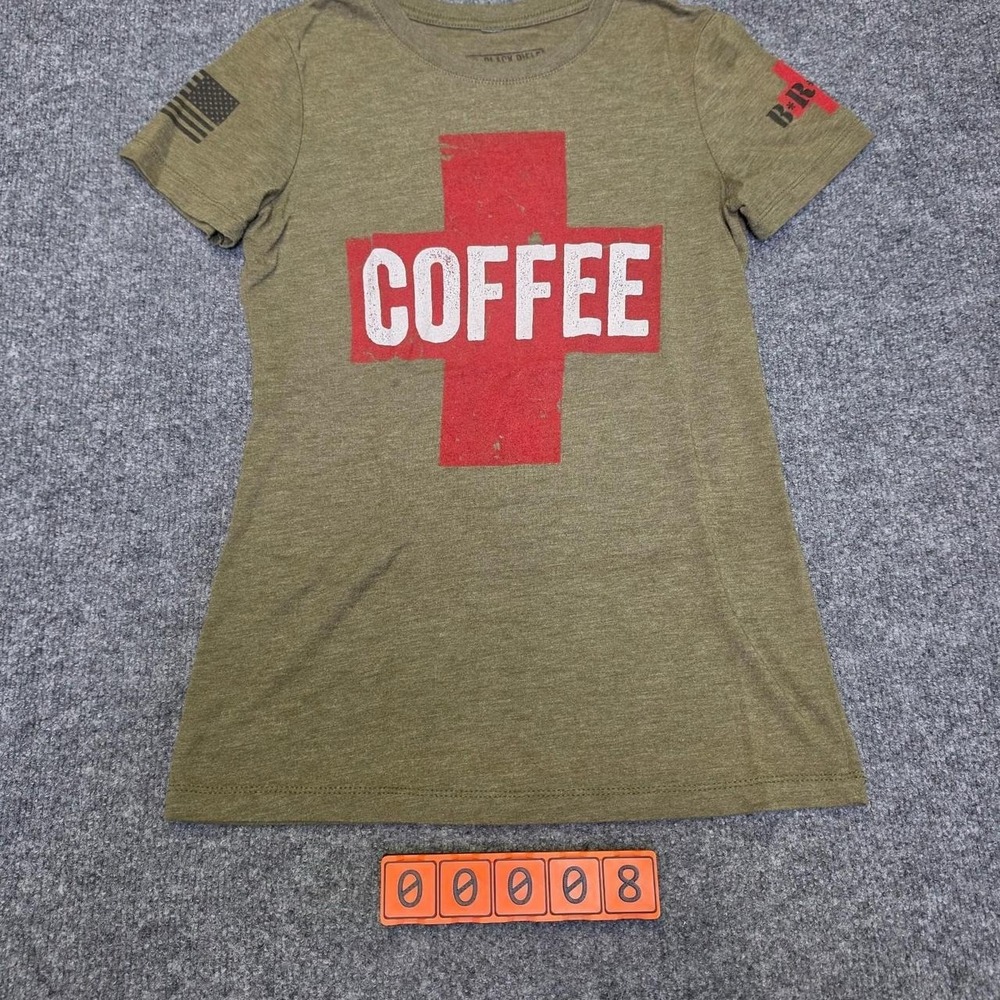 Black Rifle Coffee Company Women's Coffee Tee with red cross graphic, size small